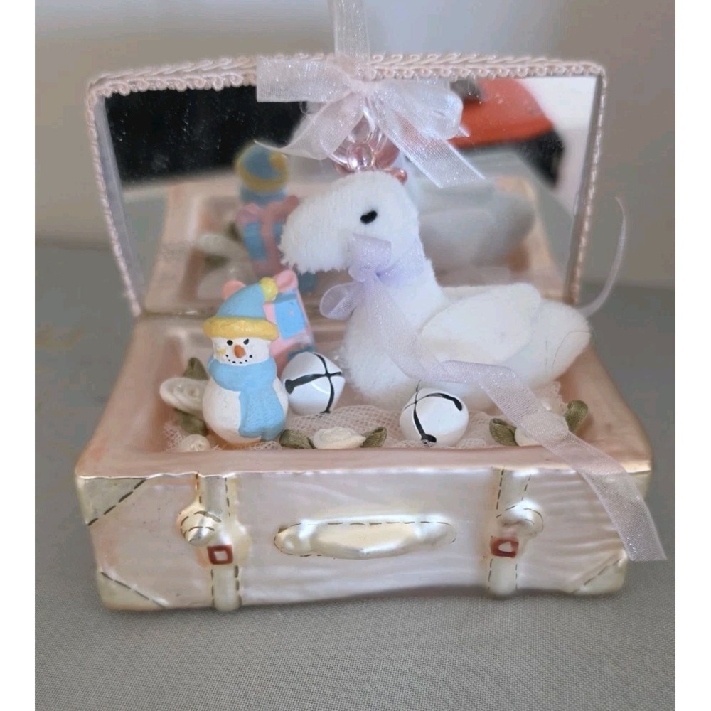 VTG Christmas Suitcase Trinket Box Ornament Swan Snowman Cottagecore Kitschy